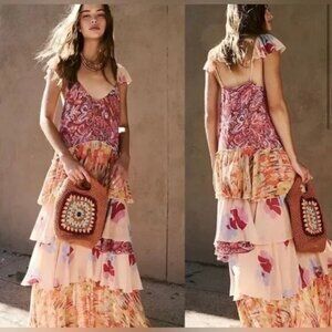 Free People Coralie Tiered Maxi Dress Womens 2 Boho Chic Whimsical Fairy Romance
